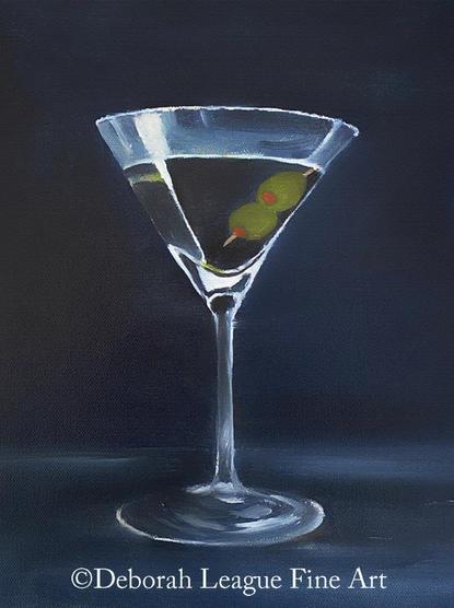 A still-life painting of a classic martini glass, elegantly filled with a crystal-clear cocktail and garnished with two green olives. The dark, moody background enhances the luminous reflections on the glass, creating a sophisticated and timeless atmosphere. The composition highlights the shine and clarity of the glass and its reflections. Perfect for lovers of fine art and cocktail culture.