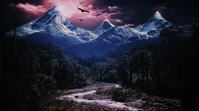 Rivières de Lumière.
Paysage fantastique avec des montagnes enneigées sous un ciel violet, survolées par des créatures ailées et traversées par une rivière lumineuse.
Fantastical landscape with snowy peaks under a violet sky, flown over by winged creatures and crossed by a glowing river.