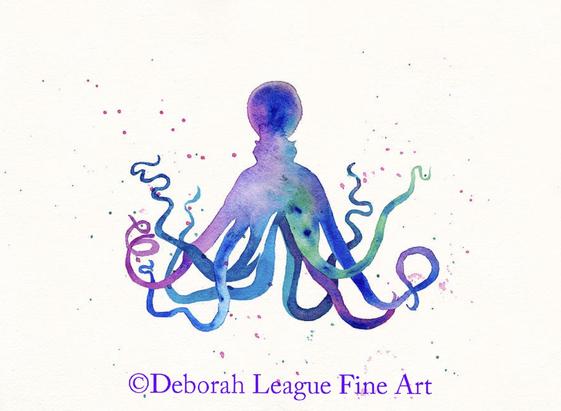 Colorful octopus watercolor print. Painted in rainbow shades of turquoise, purple, aqua, blue and green. This beachy, tropical painting would look just as great on the walls of your inland home as it would in a beach house. The undulating tentacles and splatters create a sense of movement in this light and airy image. Perfect for your nursery or children's room. Also available on items of home decor such as towels, shower curtains, duvets and more, which allows you to create a fully themed bath or bedroom. Mixes well with my other sea life paintings.