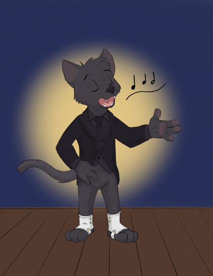 A toony black cat in a tux jacket, tie, and white spats sings with a spotlight on him.