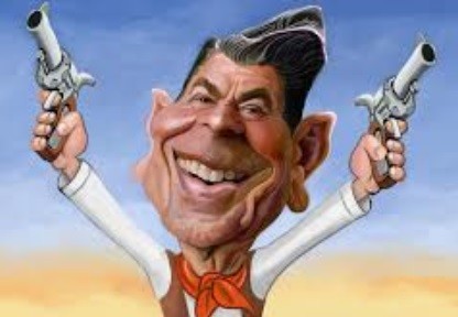 Caricature of Reagan, as a cowboy, brandishing two revolvers.