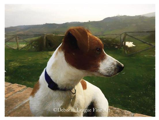 A handsome Jack Russell Terrier appears to oversee his vast territory.    In the background can be seen a rustic fence made from branches, a pond and a distant mountain range.

Jack Russell dogs are known to be lively, independent, and clever.  While charming and affectionate, they have a reputation for being  a handful to train and manage.  The small terrier has a white body and a smooth or rough coat with various shades of brown.