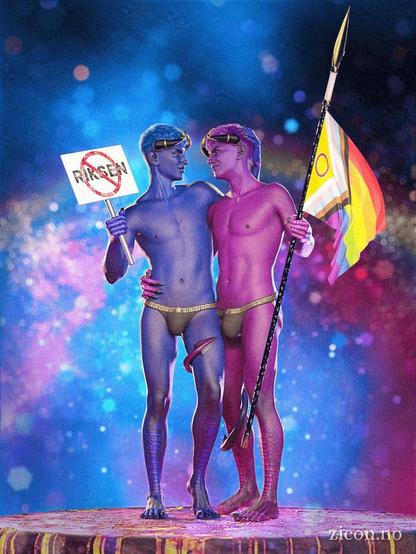 Two demons in the shape of young men with slim builds stands close together, arms and tails wrapped around each other. One has blue hair and skin, and his holding up a sign protesting «Riksen», the hospital providing infamously awful and outdated treatment for trans people in Norway. The other has purple skin and hair, and is holding up a spear with the progress Pride flag attached to it.