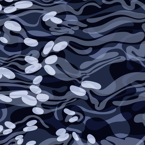 A detail of an abstracted repeat pattern that mimics the movement and reflective property of the surface of moving water. The pattern is made up of hand-drawn curling and undulating shapes in tones of grey, with a smattering of almost-white lozenges as the top layer.