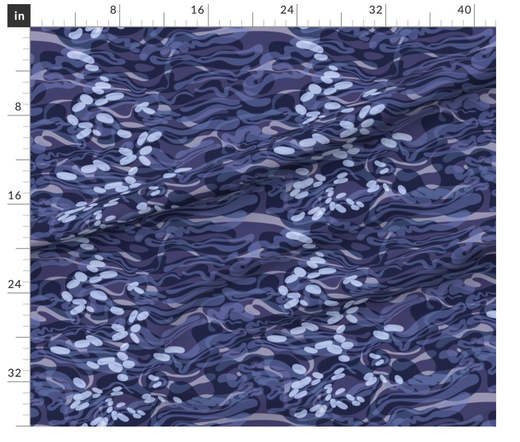 A mock-up of how the abstracted repeat pattern would look printed on an undulating piece of fabric aligned with a ruler on the top and bottom showing the measurement unit as inch. The pattern is in tones of violet.