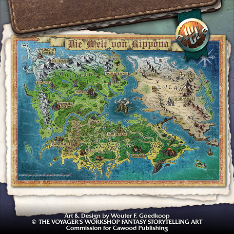 The World of Kippona, a home brew setting map for an enthusiastic and passionate group of D&D players in Germany. The World features three distinct continents with their own biomes and at the centre of the map sits a mysterious mountainous island shrouded in spiralling clouds.