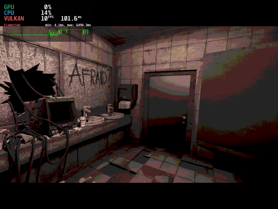 La imagen muestra un baño deteriorado y oscuro, con grafiti en la pared que dice "AFRAID?", un espejo roto y una atmósfera inquietante.