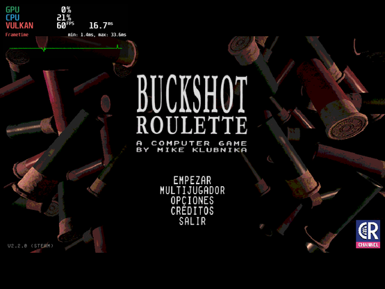 La imagen muestra la pantalla de inicio del videojuego "Buckshot Roulette", con cartuchos de escopeta de fondo y opciones de menú en el centro.