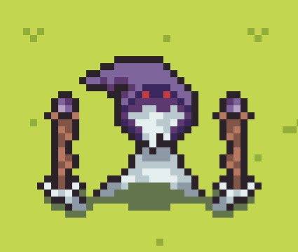 A mushroom with a purple wizard hat and red eyes, with "roots" springing out of the ground and holding magic staves.