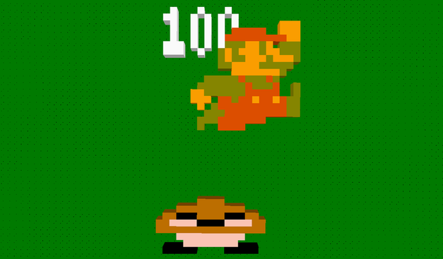 A pixelated image of Mario from the early Super Mario games, jumping down on one of these mushroom creatures. The number 100 is above Mario, signifying the points he gets.