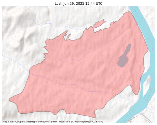 Visual map representation of the Lush wildfire, showing the perimeters of the 12518.8714772957 acre fire on a map.