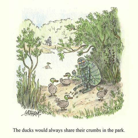 A cartoon illustration of ducks bringing bread crumbs to a Gill Man sitting the shade of some bushes by a pond in a city park. Caption reads "The ducks would always share their crumbs in the park."
