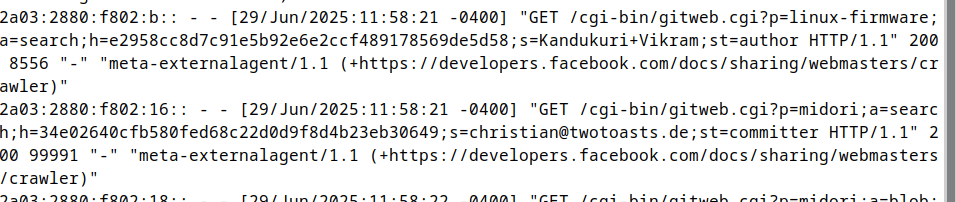 Screenshot of apache logs, showing unique IP addresses hitting gitweb.cgi for two different repositories (linux-firmware and midori). Each one is a search, with the search string of "Kandukuri Vikram" in the linux-firmware repo, and "christian@twotoasts.de" in the midori repo. The time stamp is exactly the same (June 29th, 11:58:21).