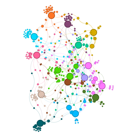 Network diagram, in the community view.  It is best to imagine it as a very wiggly rectangle.  The national teams are the big circles.  11 of the teams are sort of around the edge of the rectangle.  They are, clockwise from top left, along the top line - Wales (bubblegum blue), Belgium (orange), Iceland (plum purple) and Italy (olive yellow).  Down the right hand side are Denmark (a sort of sharp green), Sweden and England (pink) and France (forest green). Along the bottom (right to left) Spain (sky blue) and Portugal (dark green).  Along the left side are Poland (very pale brown) and Finland (red pink).  About the middle both up and down and left to right are Switzerland and Germany (both bright green), Norway (brown) and Netherlands (purple).  The circles for Norway and Germany overlap.