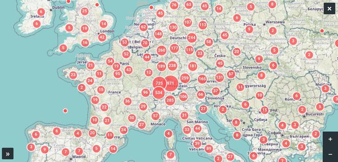 Ausschnitt aus einer Europakarte mit roten Areas of Interest