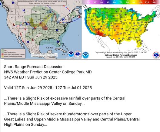 Valid 12Z Sun Jun 29 2025 - 12Z Tue Jul 01 2025

...There is a Slight Risk of excessive rainfall over parts of the Central
Plains/Middle Mississippi Valley on Sunday...

...There is a Slight Risk of severe thunderstorms over parts of the Upper
Great Lakes and Upper/Middle Mississippi Valley and Central Plains/Central
High Plains on Sunday...