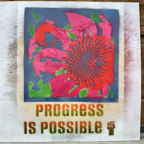 Painting of coneflowers that says Progress is Possible