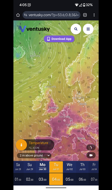 Heatmap of Europe showing all of Southern mainland Europe with extreme heat shown in red. Scotland, Norway, and, Iceland are yellow and green which is where I'm going to.