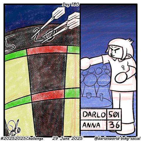 Drawing of Darlo playing Darts. He has missed all of his throws.