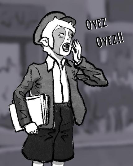 Un crieur de rue leonin crie “Oyez!! Oyez!! ”