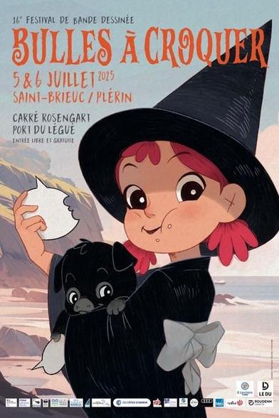 Affiche colorée du festival « Bulles à Croquer », représentant une jeune fille déguisée en sorcière tenant une bulle en partie croquée et accompagnée d'un petit cochon noir. Les détails de l'événement incluent les dates, le lieu et les conditions d'entrée.
