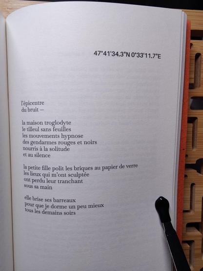 47°41'34.3"N 0°33"1 1.7°E 

I'épicentre
du bruit — 

la maison troglodyte 
le tilleul sans feuilles 
les mouvements hypnose 
des gendarmes rouges et noirs 
nourris à la solitude 
et au silence 

la petite fille polit les briques au papier de verre 
les lieux qui m’ont sculptée 
ont perdu leur tranchant 
sous sa main 

elle brise ses barreaux 
pour que je dorme un peu mieux 
tous les demains soirs