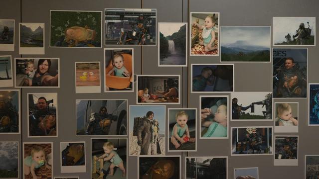 A collection of photos pinned to a grey, metallic-looking wall. The photos show various poses and moments caught between a man and a toddler girl. They are happy in the photos.