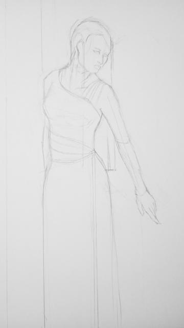 A pencil drawing of a woman in a long, elegant dress