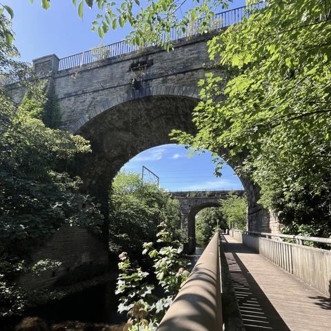 Square colour photo looking towards a stone arch of the canal viaduct over the Water of Leith, through which and just downstream is another viaduct carrying the railway. The bottom right of the image is a wooden walkway and handrail vanishing into the distance through both aqueducts, and cantilevered over the river which is only just visible as a dark area between the vegetation. The sky beyond is blue with only a few wispy clouds.