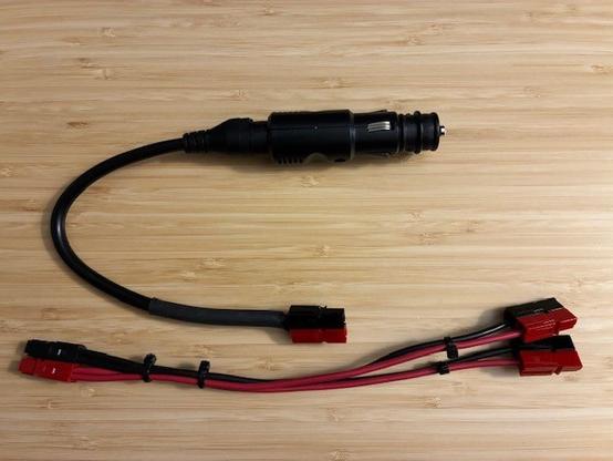 Photo of a 12V accessory plug to power pole adapter (fused inside plug) and a 1-set to 2-set power pole adapter using #12 wire.