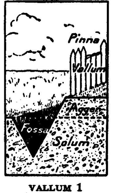 Image décrivant les différents composants d'une palissade romane (vallum).

Fossa = fossé creusé devant la palissade
Agger = levée de terre pour elever la palissade
Pinna = merlon, panneau plein entre deux créneaux
Solum = le sol