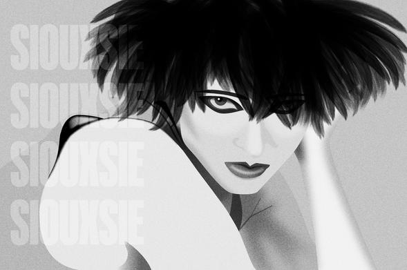 Monochrome vector drawing of Siouxsie Sioux (Susan Janet Ballion). The text "Siouxsie" overlaid to the left in a semi-transparent layer, set in VTC Garibaldi Sans typeface.