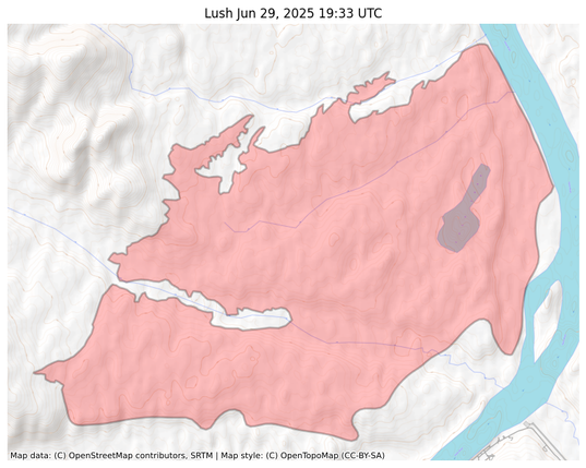 Visual map representation of the Lush wildfire, showing the perimeters of the 12038.638845114478 acre fire on a map.