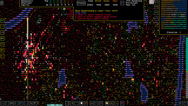 A screenshot of Dwarf Fortress, showing an opening in a wall where massive goblin slaughter has occurred. Those who have seen earlier screenshots of Keskalokil will notice that this is a new pile of goblin giblets, and not the one we've been trying to clean up for months.