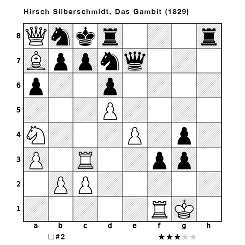 A chess board illustrating the starting position and instructions for the chess problem, "White to move and checkmate in two moves." The chess pieces are arranged as follows: White - King: g1, Queen: a8, Rooks: f1 c3, Bishops: a7, Knights: a4, pawns: b2 c2 a3 e4 d5; Black - King: c8, Queen: e7, Rooks: d8 h8, Knights: d7 b8, pawns: f3 g3 g4 a6 d6 b7 c7.