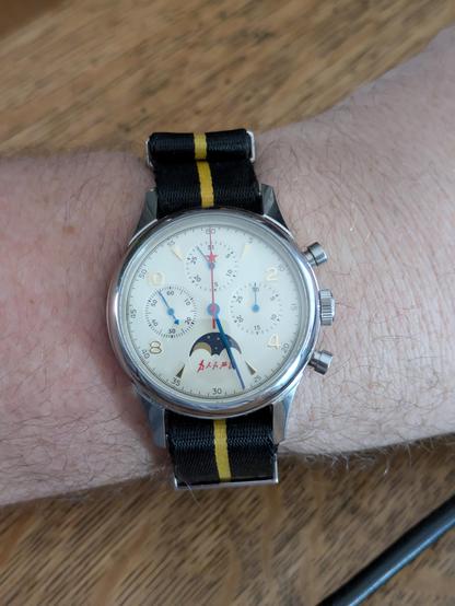 My Seagull chronograph lunar watch from China on a black with yellow stripe NATO strap