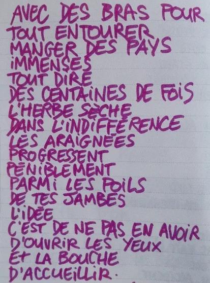 À l'image : une page de carnet avec des lignes sur laquelle est écrit au feutre et en lettres capitales le poème suivant : "AVEC DES BRAS POUR
TOUT ENTOURER
MANGER DES PAYS
IMMENSES
TOUT DIRE
DES CENTAINES DE FOIS
L'HERBE SÈCHE
DANS L'INDIFFÉRENCE
LES ARAIGNÉES
PROGRESSENT
PÉNIBLEMENT
PARMI LES POILS
DE TES JAMBES
L'IDÉE
C'EST DE NE PAS EN AVOIR
D'OUVRIR LES YEUX
ET LA BOUCHE
D'ACCUEILLIR"