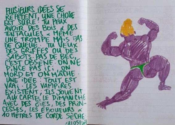 À l'image : une double-page de carnet avec des lignes. Sur celle de droite un dessin grossier au feutre d'un bodybuilder de dos, en train de poser un genou au sol : sa peau est violette, son string vert et ses cheveux jaunes. Sur celle de gauche est écrit au feutre et en lettres capitales le poème suivant : "PLUSIEURS IDÉES SE RÉPÈTENT, UNE CHOSE EST SÛRE. TU PEUX AVOIR DES BOIS & DES TENTACULES & MÊME UNE TROMPE MAIS PAS DE QUEUE. TU VEUX DES GRIFFES OU DES SABOTS. PAS DE BEC, C'EST OBSCÈNE. ON NE PINCE PAS ICI, ON MORD ET ON MÂCHE. UNE IDÉE : TOUT EST VRAI. LES VAMPIRES EXISTENT ; ILS JOUENT AUX CARTES LE DIMANCHE AVEC DES OIES, DES PRINCESSES, LES ÉBOUEURS & 10 MÈTRES DE CORDE SÈCHE."