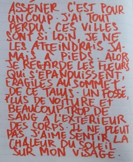 À l'image : une page de carnet avec des lignes sur laquelle est écrit au feutre et en lettres capitales le poème suivant : "ASSÉNER C'EST POUR UN COUP. J'AI TOUT PERDU. CES VILLES SONT SI LOIN, JE NE LES ATTEINDRAIS JAMAIS À PIEDS. ALORS JE REGARDE LES FLEURS QUI S'ÉPANOUISSENT, FRAGILES AU SOMMET DE CE TALUS. UN FOSSÉ, PLUS DE VOITURE ET BEAUCOUP TROP DE SANG À L'EXTÉRIEUR DES CORPS. IL NE PLEUT PAS J'AIME SENTIR LA CHALEUR DU SOLEIL SUR MON VISAGE."