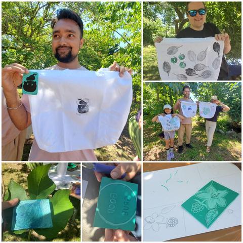 A collage depicts a block printing workshop in a sunny outdoor setting. Participants proudly display their completed white tote bags, featuring unique designs such as whimsical characters, delicate leaves, and natural elements. Close-up shots showcase the process, including linoleum blocks with carved designs and hands using tools to create the blocks. The workshop fosters creativity and community in a natural environment.