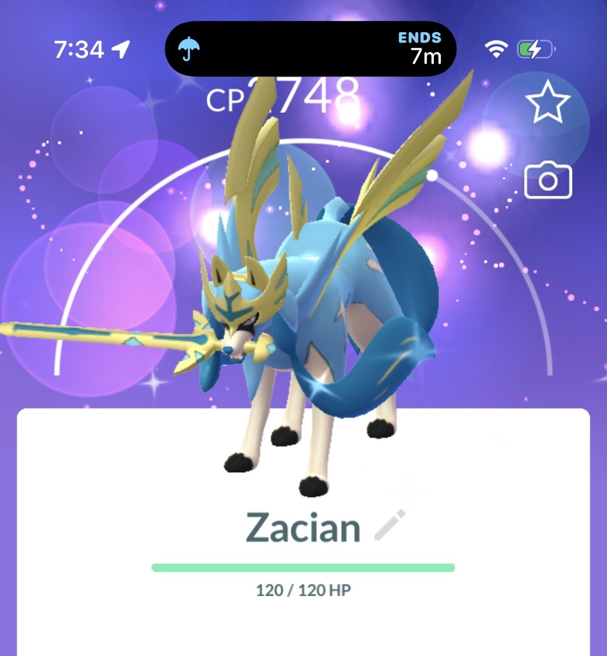 A shiny Zacian Pokemon, a blue dog with a sword in its mouth.