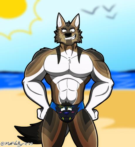 Bruce, a brown anthro wolf standing with hands on hips, a smirk on his face. He's showing off a dracokitty turned into a speedo that he's wearing.
