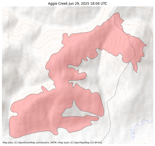 Visual map representation of the Aggie Creek wildfire, showing the perimeters of the 2797.5 acre fire on a map.