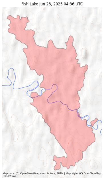 Visual map representation of the Fish Lake wildfire, showing the perimeters of the 1841.602560446887 acre fire on a map.