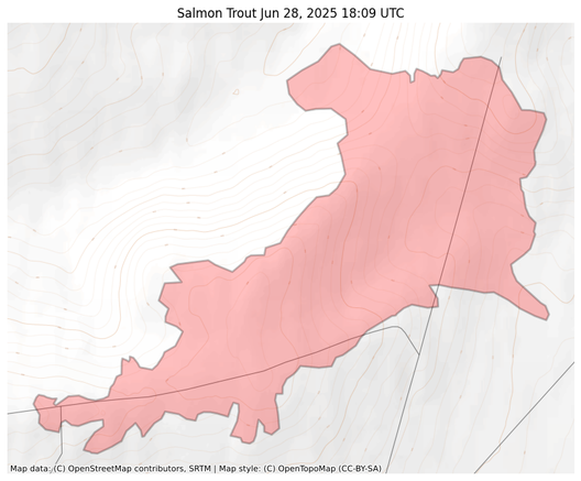 Visual map representation of the Salmon Trout wildfire, showing the perimeters of the 1207.2840907009875 acre fire on a map.