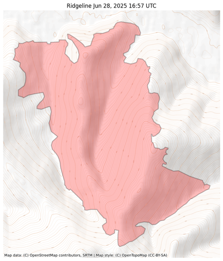 Visual map representation of the Ridgeline wildfire, showing the perimeters of the 4755.044757984693 acre fire on a map.