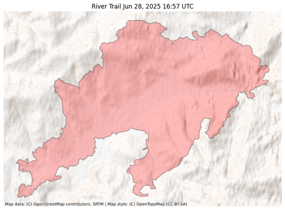 Visual map representation of the River Trail wildfire, showing the perimeters of the 22363.949589995776 acre fire on a map.