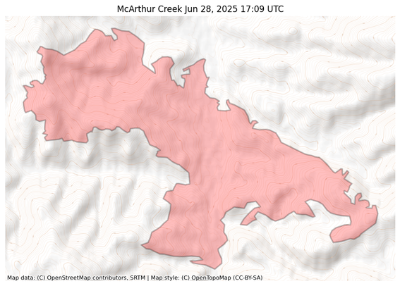 Visual map representation of the McArthur Creek wildfire, showing the perimeters of the 7067.719041143142 acre fire on a map.
