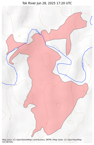 Visual map representation of the Tok River wildfire, showing the perimeters of the 276.78772270470705 acre fire on a map.