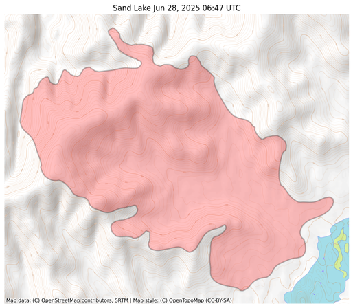 Visual map representation of the Sand Lake wildfire, showing the perimeters of the 4891.921064592853 acre fire on a map.